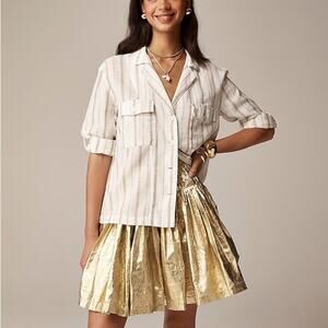 J.Crew Womens 2 Camp Collar Shirt Stripe Featherweight Linen Blend Gold Blouse